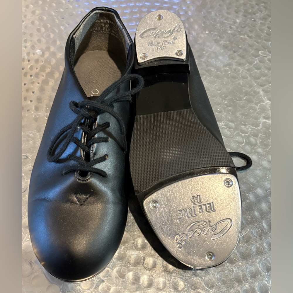 Capezio Tele Tone Jazz Tap Leather Black Shoes with Silver Taps Sz 4M